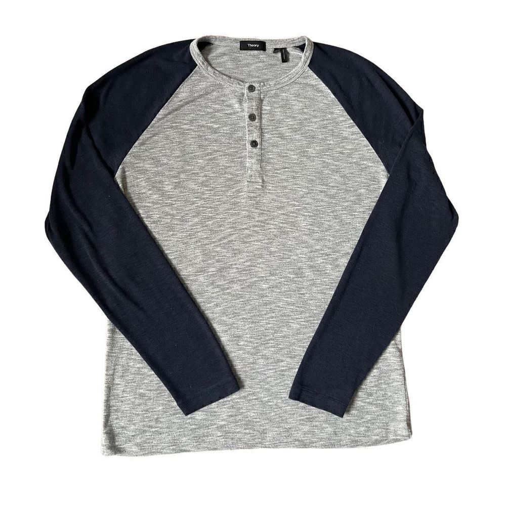 Theory Shirt Mens Long Sleeve Contrast Henley‎ Snap Gray Blue Large